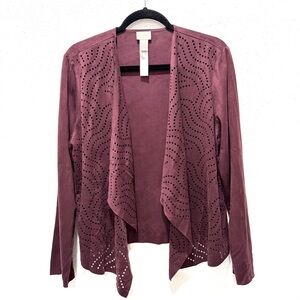 Chico's Deep faux suede Burgundy open drape‎ Cardigan L